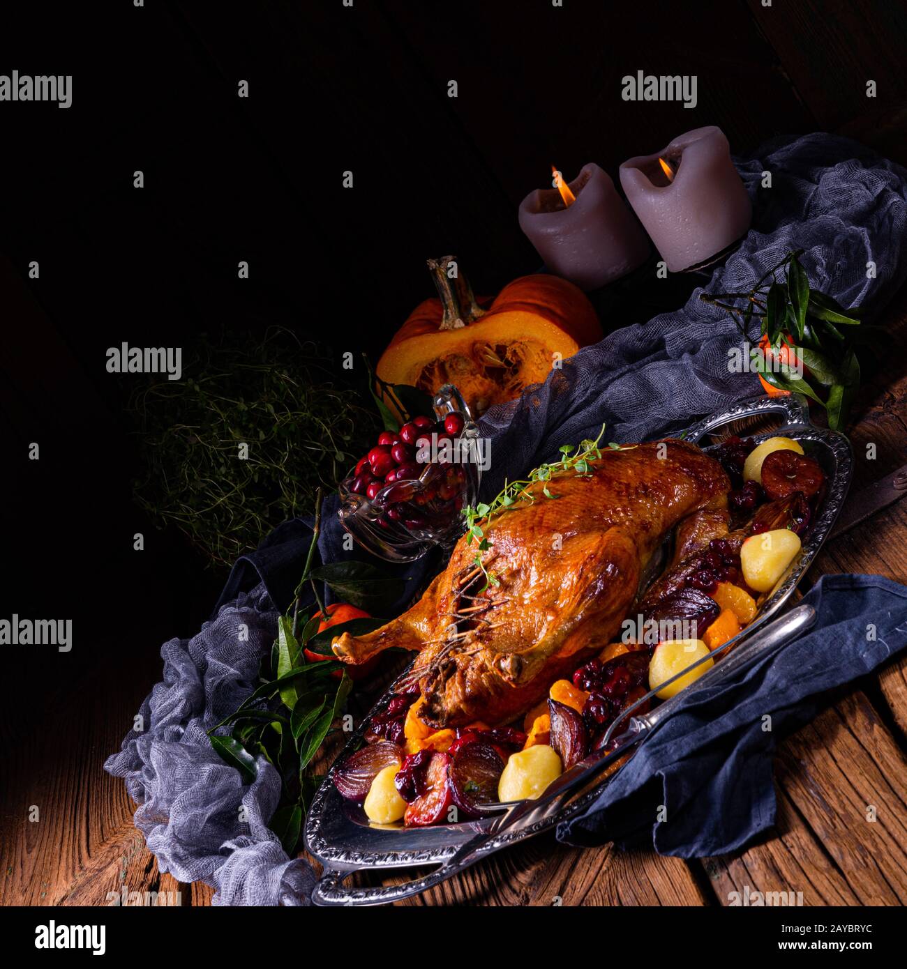 roast duck with potato dumplings and plums Stock Photo - Alamy