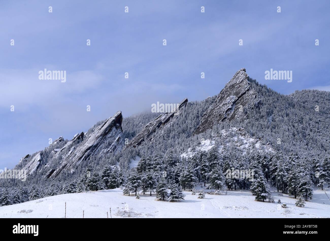 The Flatirons on Green Mountain are the iconic symbol of Boulder Colorado Stock Photo