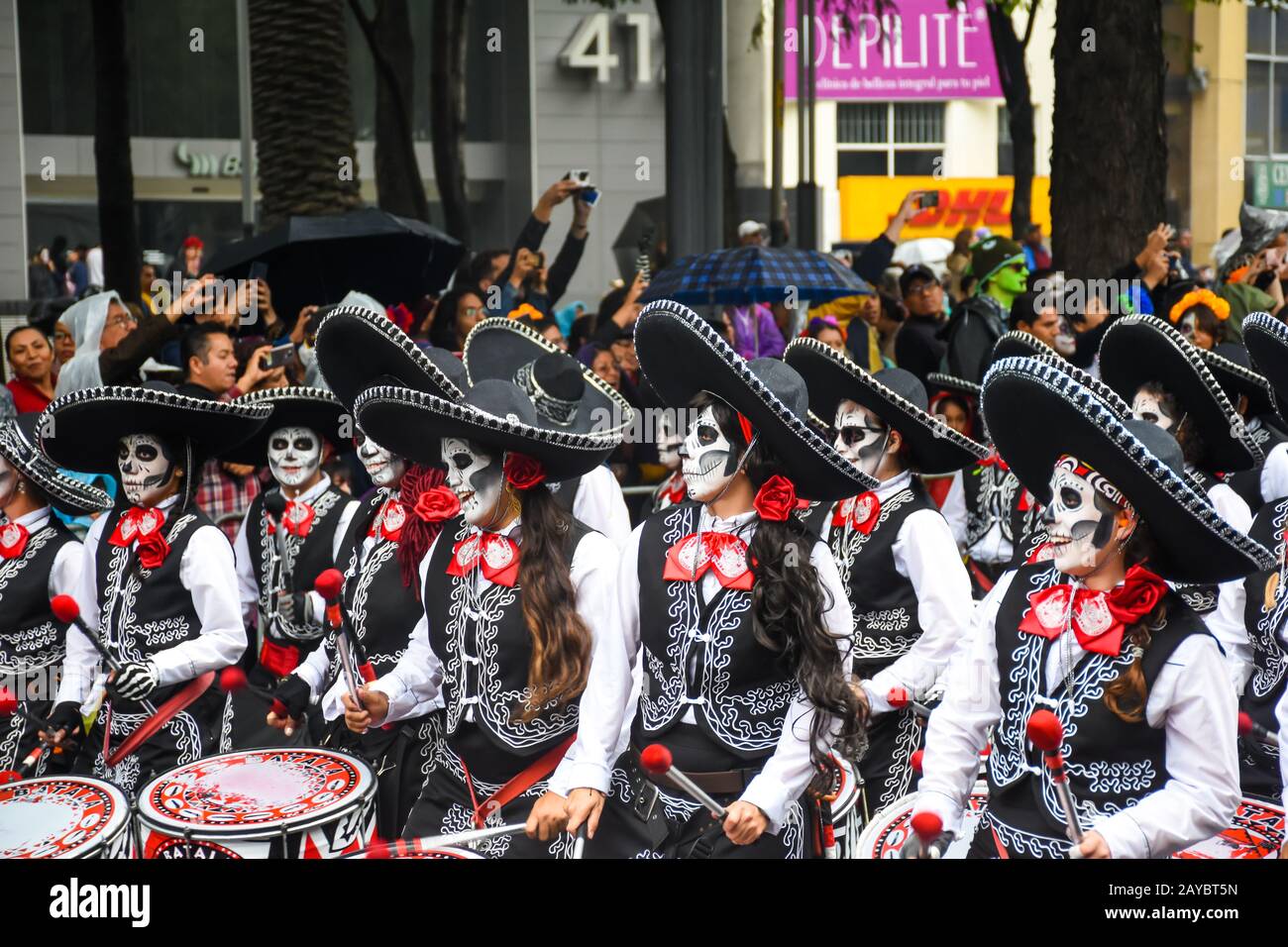 Mexico City, Mexico - November 2 2019 Marching Band in Day of the dead parade in Mexico city Stock Photo