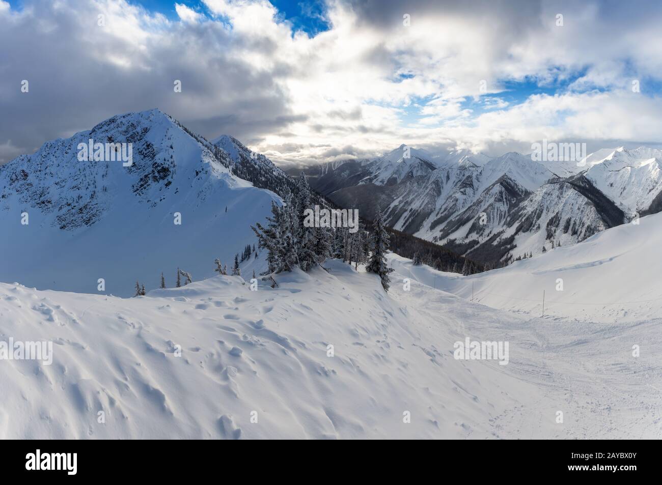 Kicking Horse, Golden, British Columbia, Canada. Beautiful View of Canadian Mountain Landscape during a vibrant sunny and cloudy morning sunrise in wi Stock Photo