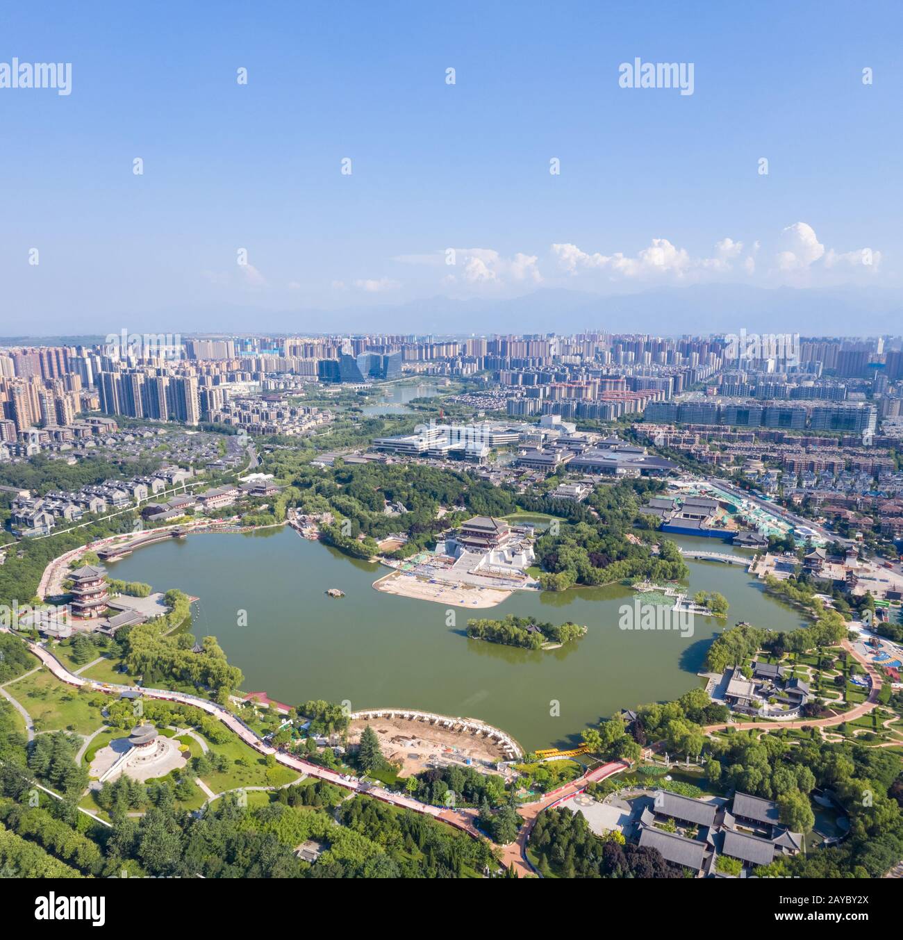 aerial view of  beautiful tang dynasty style lake park in xian Stock Photo