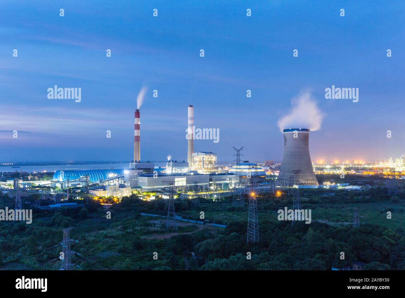 coal-fired power plant in nightfall Stock Photo