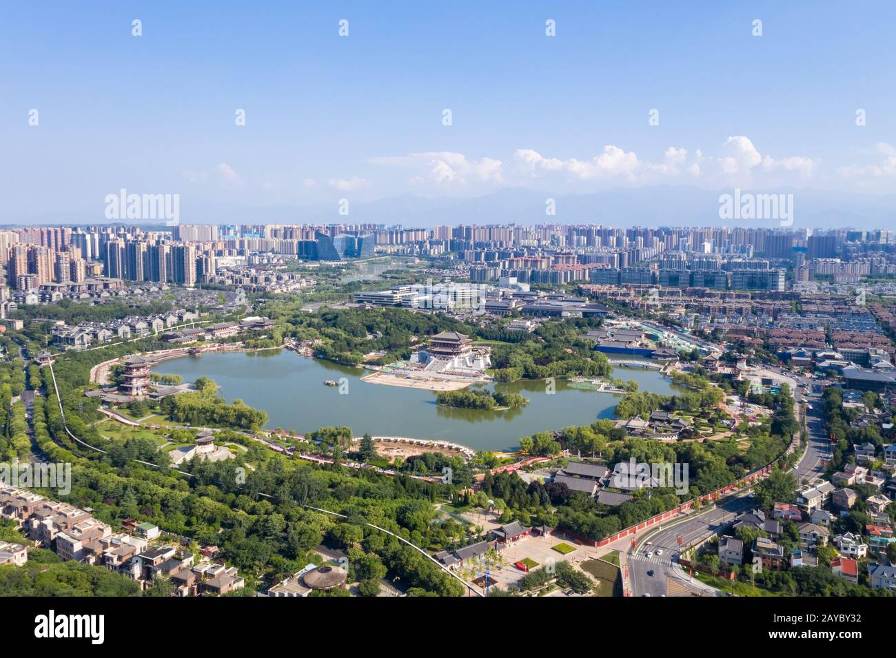 aerial view tang dynasty style park in xian Stock Photo