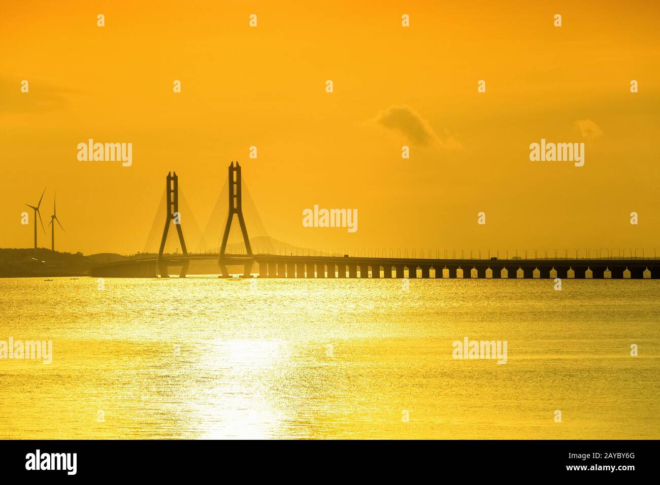 golden poyang lake and cable-stayed bridge Stock Photo