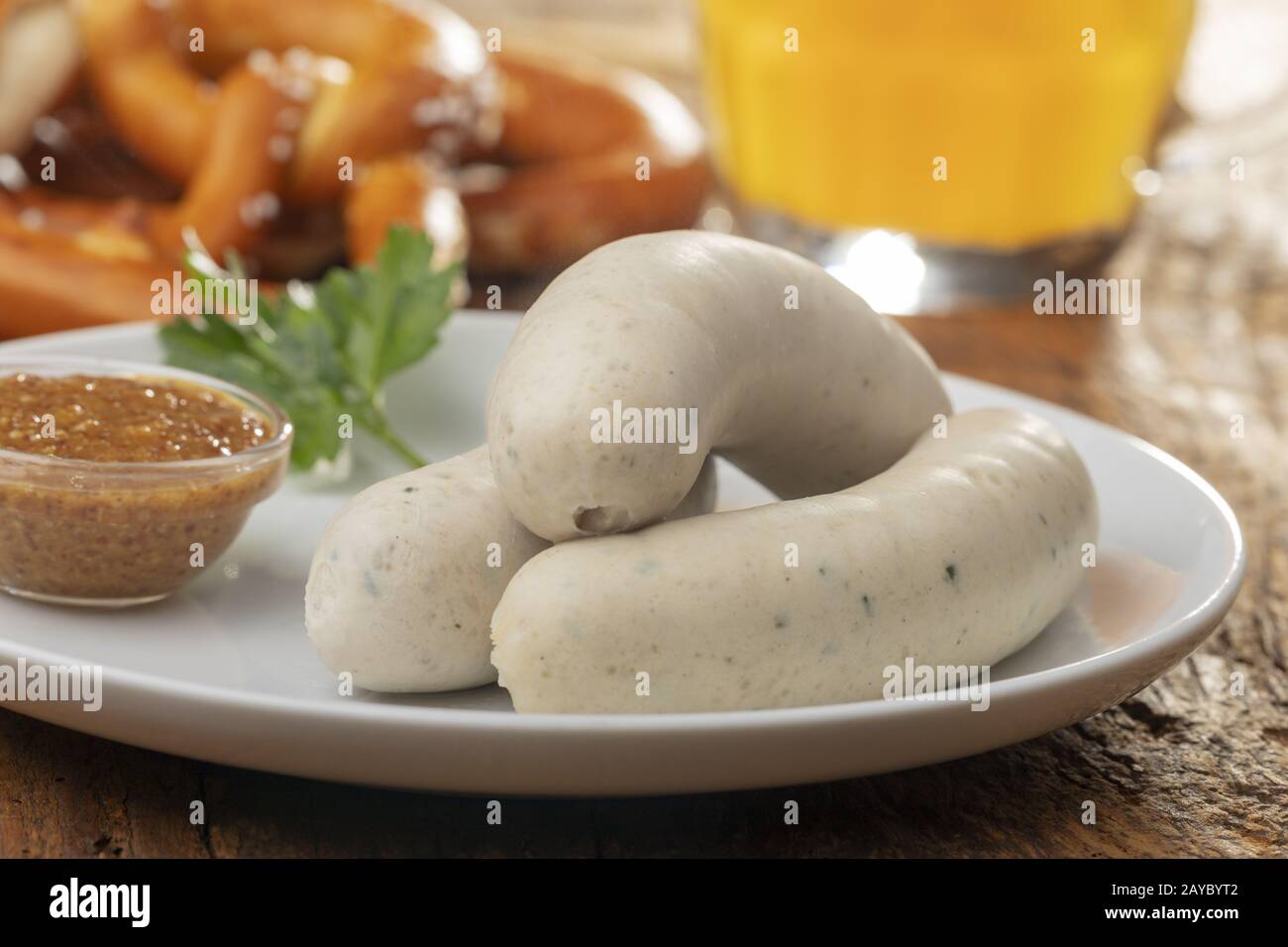 Bavarian veal sausage with pretzel Stock Photo Alamy