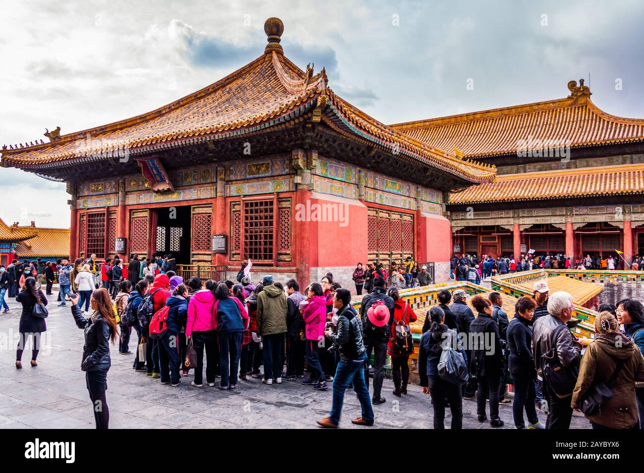 Crowd of tourists visiting Forbidden City, front view on temples Stock Photo