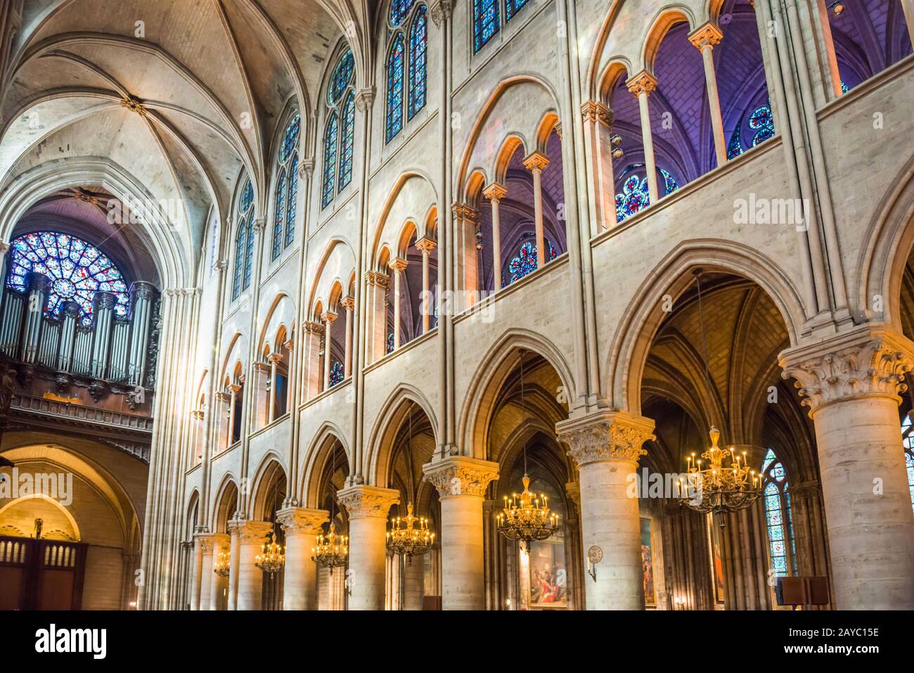 Interior of cathedral Notre-Dame de Paris Stock Photo