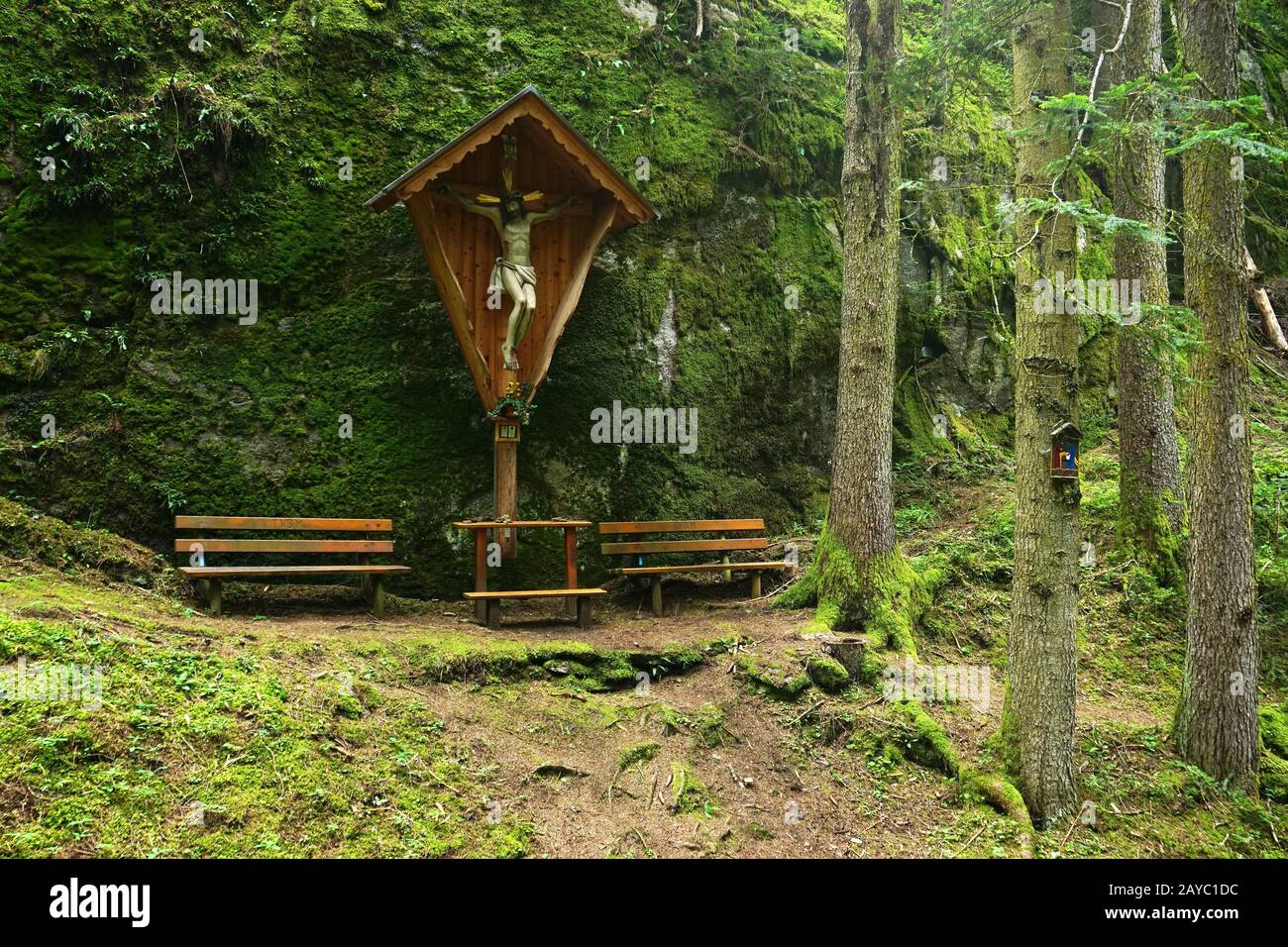 wayside cross, in the forest near Mayrhofen in the Zillertaler alps, austria, europe Stock Photo