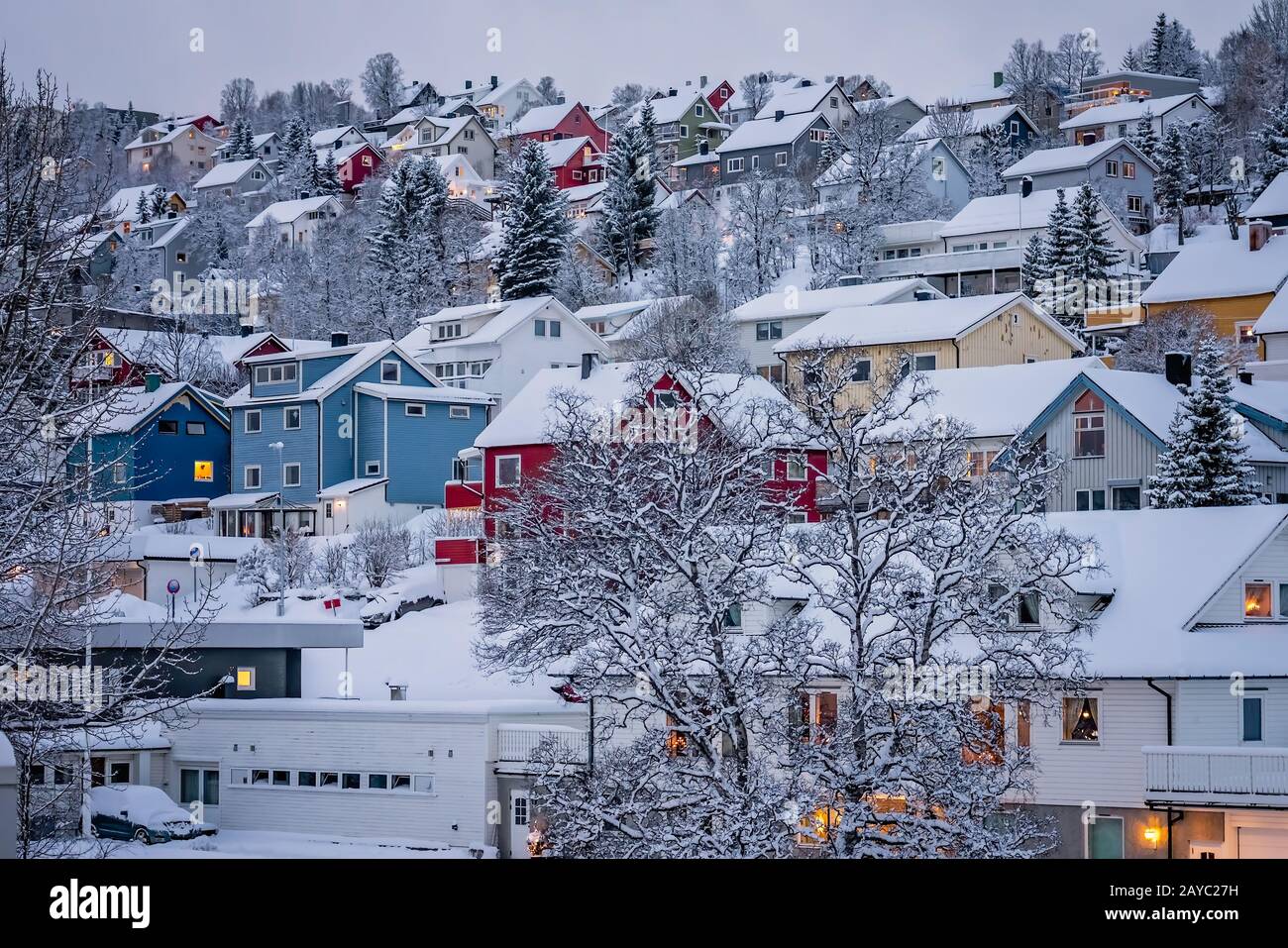 Hillside houses in Tromso in winter Stock Photo Alamy