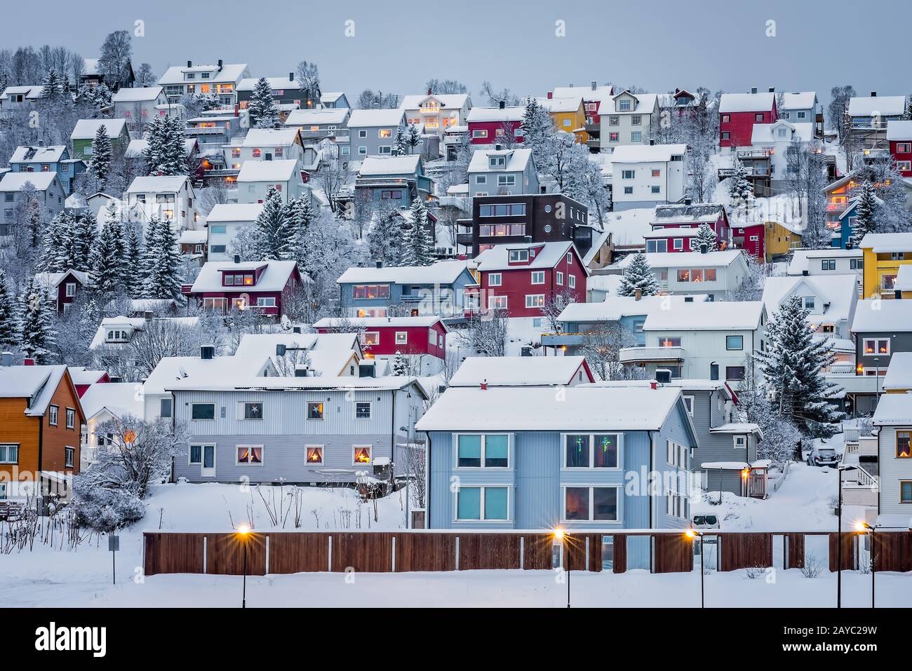 Hillside houses in Tromso in winter Stock Photo Alamy