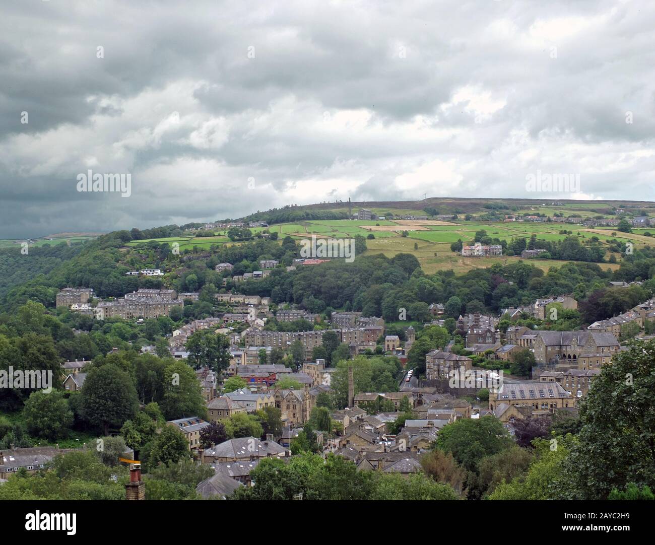 an aerial view of the town of hebden bridge in west yorkshire surrounded by pennine hills and fields Stock Photo