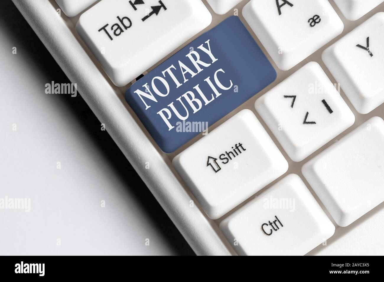 Text sign showing Notary Public. Conceptual photo Legality Documentation Authorization Certification Contract White pc keyboard Stock Photo