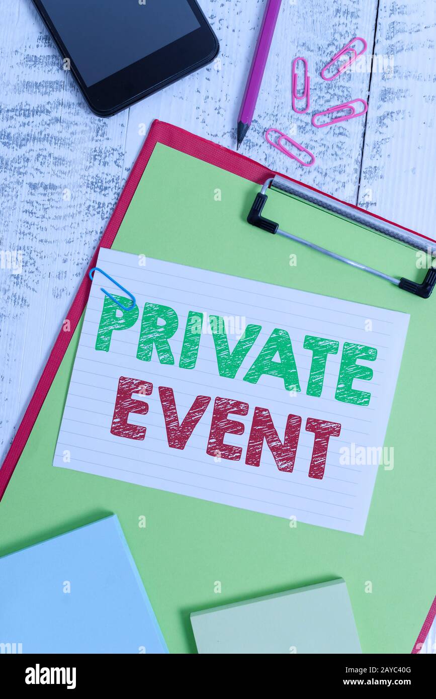 Word writing text Private Event. Business concept for Exclusive Reservations RSVP Invitational Seated Clipboard sheet pencil sma Stock Photo