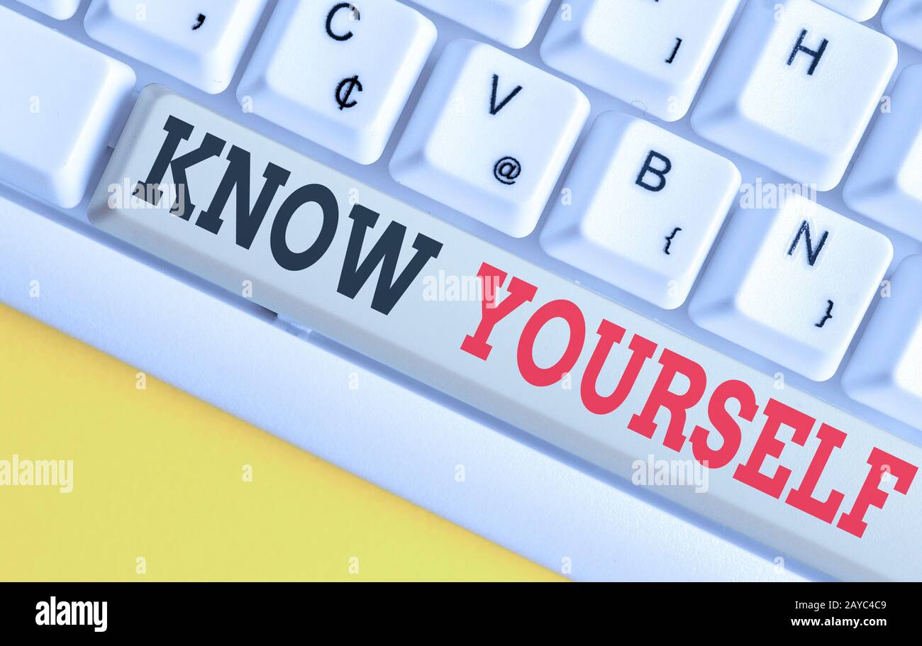 Text sign showing Know Yourself. Conceptual photo Find You Understanding Strength and Weaknesses Identity White pc keyboard with Stock Photo