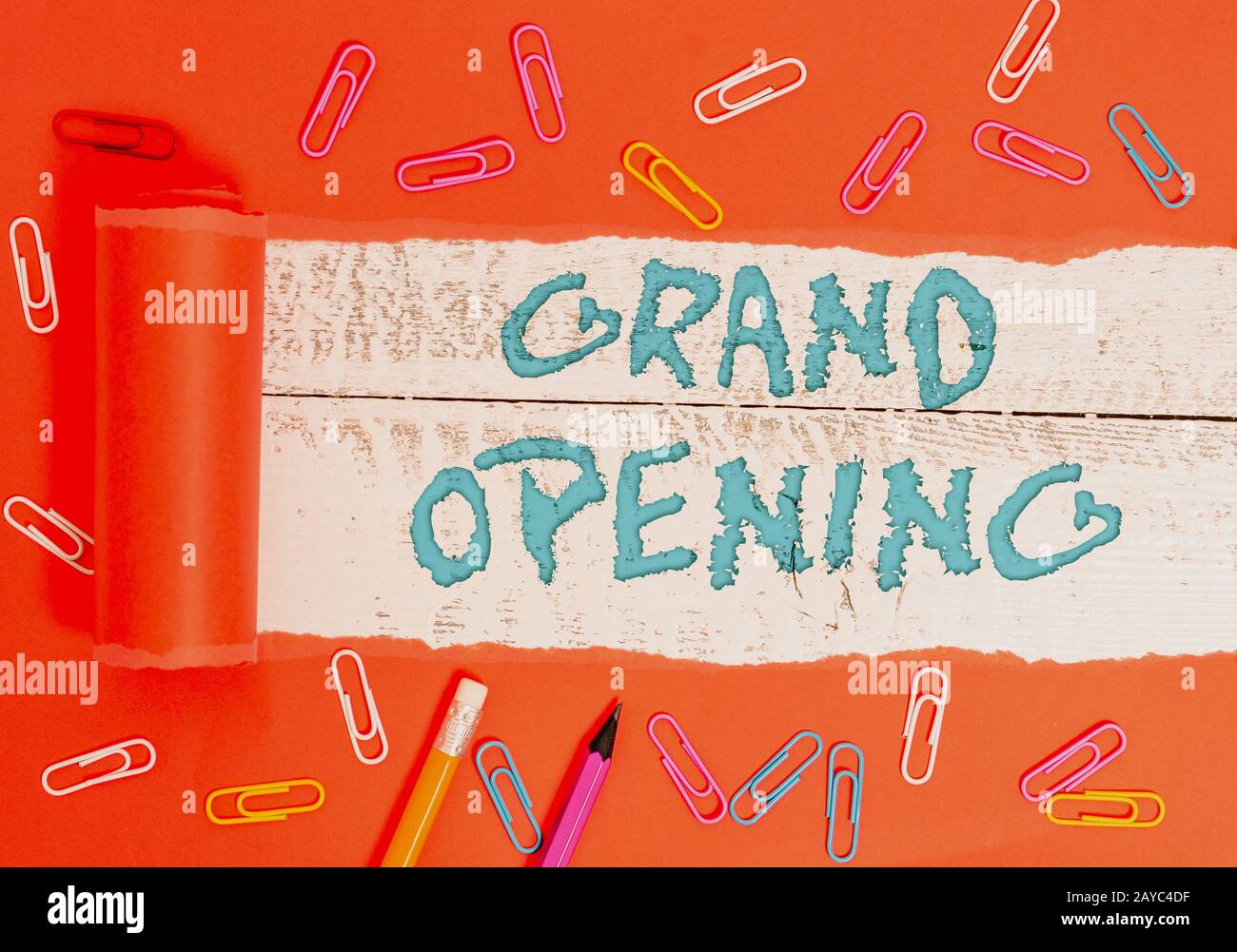 Conceptual hand writing showing Grand Opening. Business photo text Ribbon Cutting New Business First Official Day Launching. Stock Photo