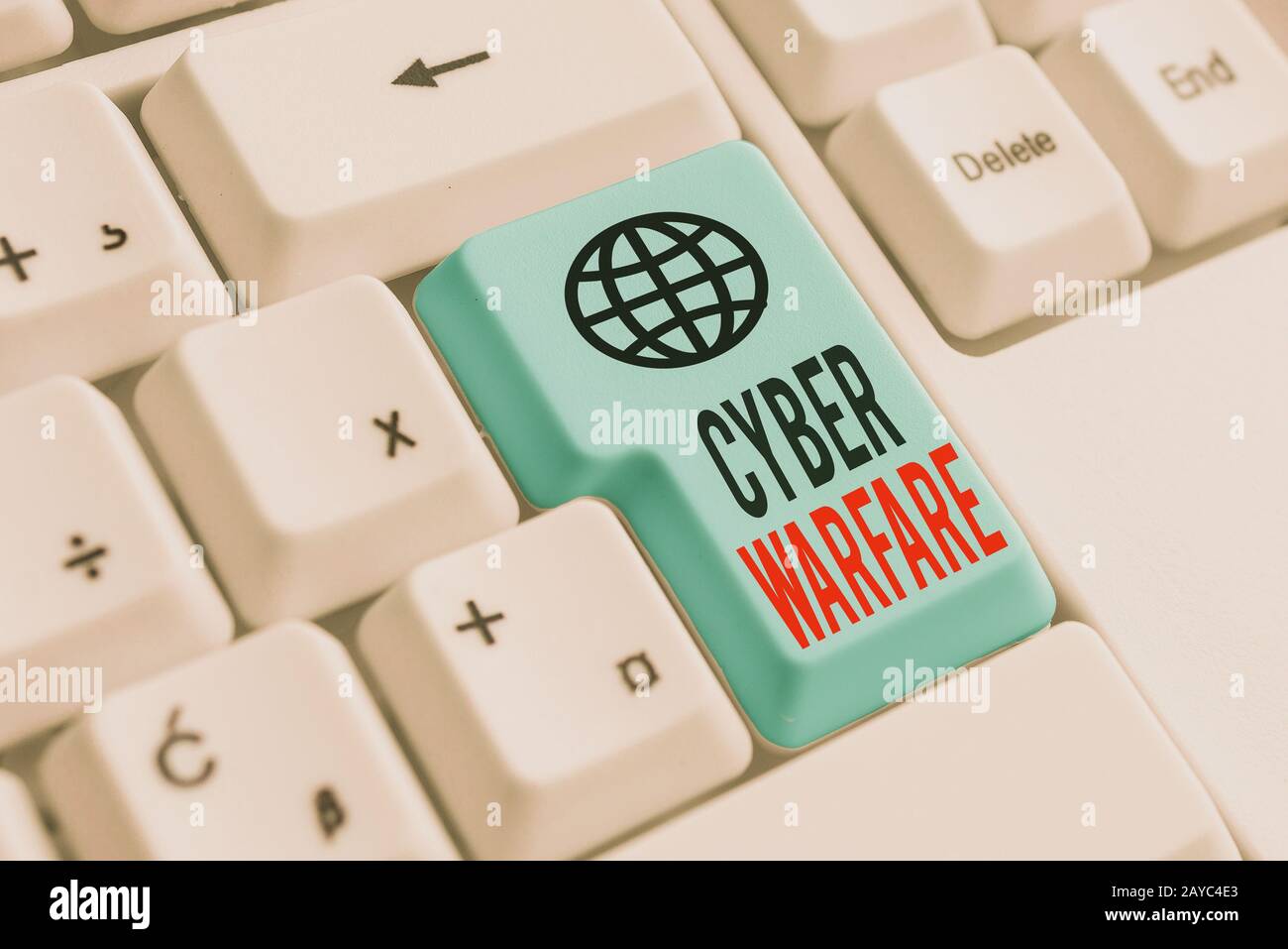 Word writing text Cyber Warfare. Business concept for Virtual War Hackers System Attacks Digital Thief Stalker White pc keyboard Stock Photo