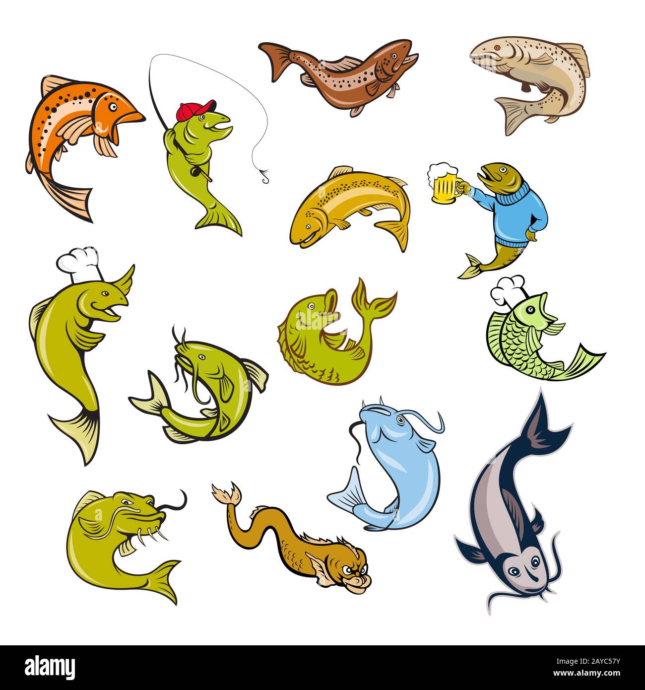 Trout Salmon Fish Mascot Cartoon Set Stock Photo - Alamy