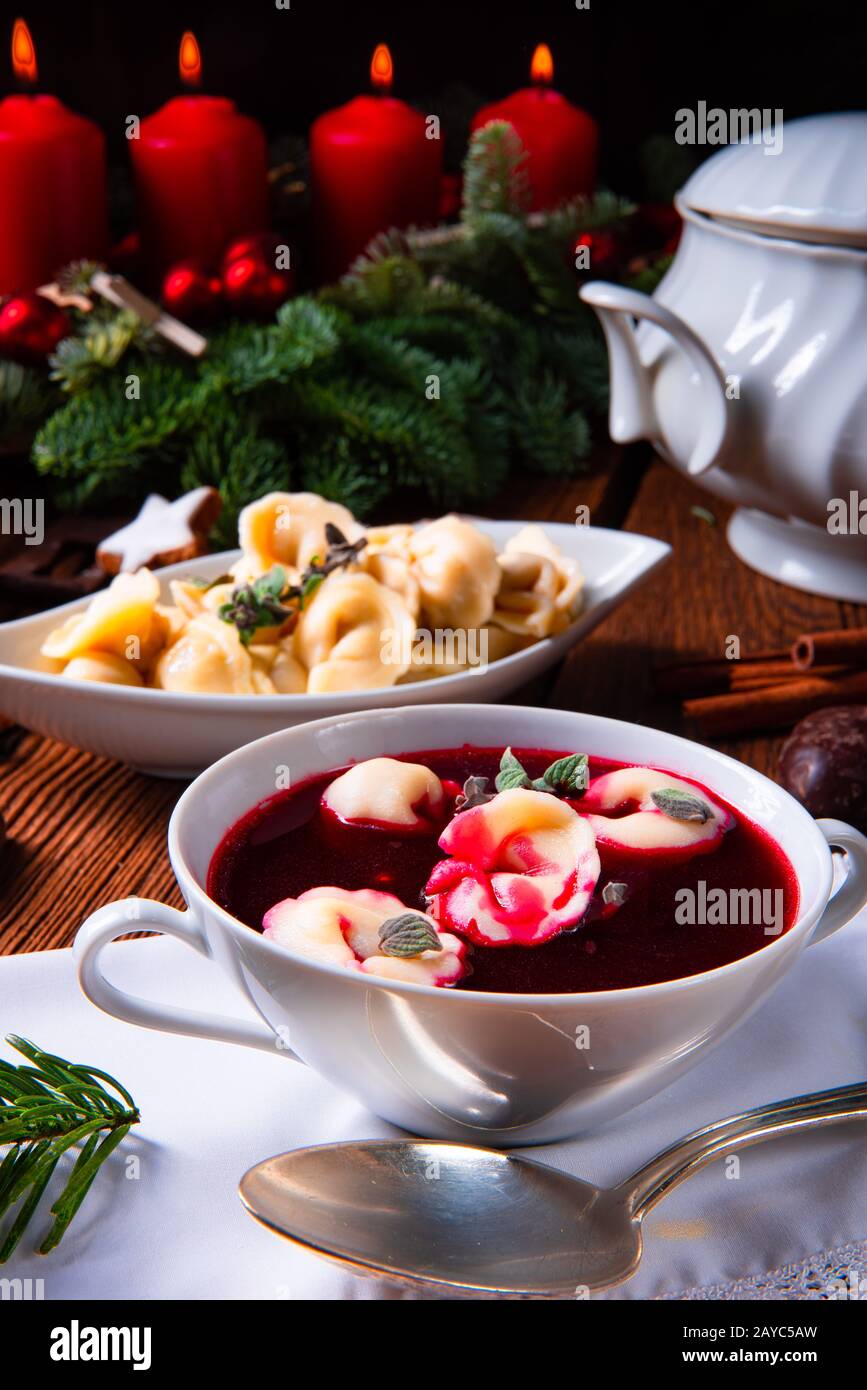 Traditional Polish Christmas Eve Borscht With Dumplings Stock Photo Alamy A bundle of hay is placed under the tablecloth or in each of the four corners of the room to symbolize the fact that jesus was born in a how to enjoy a traditional polish christmas dinner with the full wigilia feast. alamy