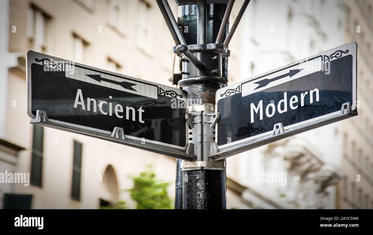Street Sign to Modern versus Ancient Stock Photo
