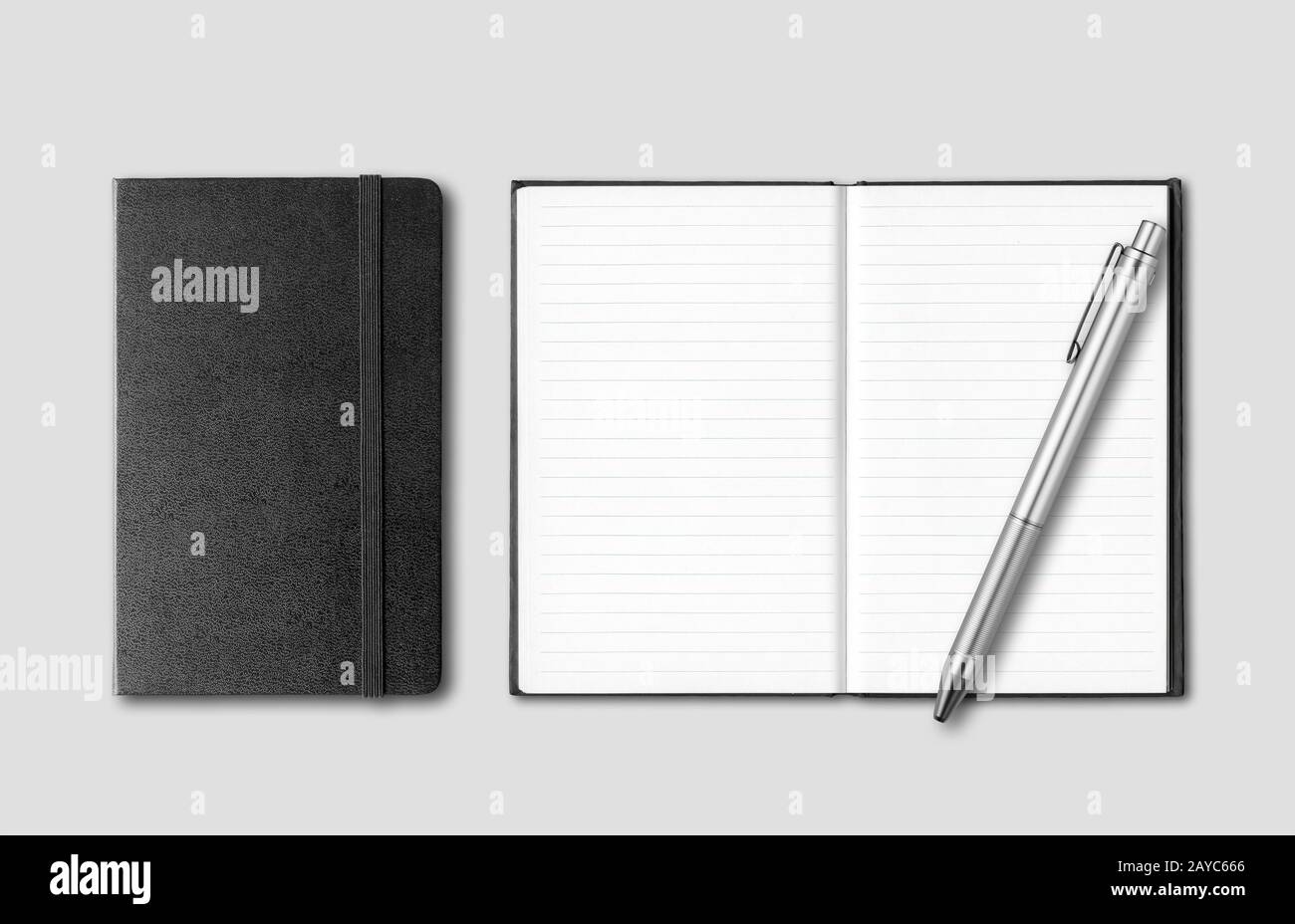 Black closed and open notebooks with pen isolated on grey Stock Photo