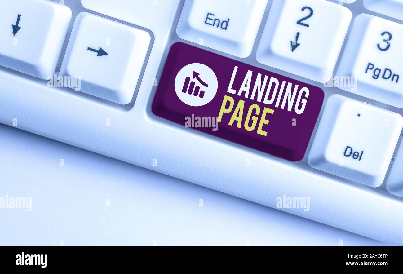 Writing note showing Landing Page. Business photo showcasing Website accessed by clicking a link on another web page White pc ke Stock Photo