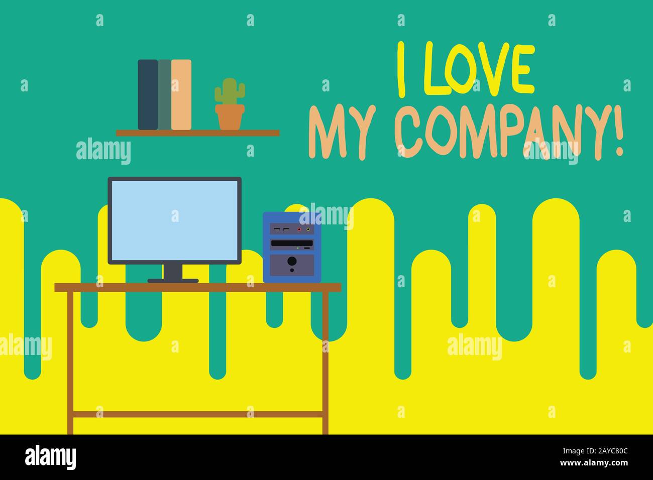 Writing note showing I Love My Company. Business photo showcasing tell why admire their job and workplace Desktop computer with Stock Photo