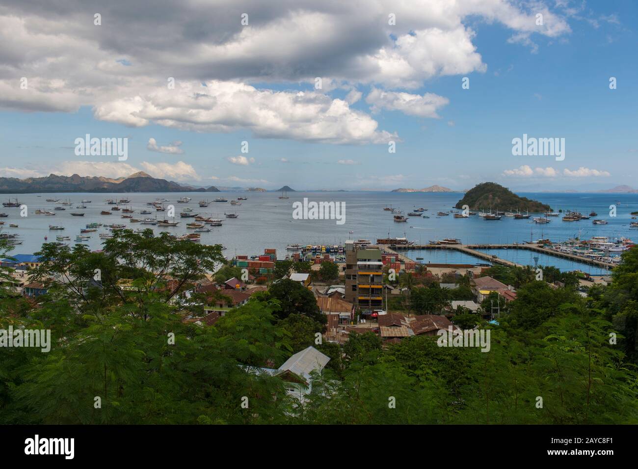 Boats, mostly excursion boats for tourists, in the port of Labuan Bajo, a fishing town located at the western end of the large island of Flores in the Stock Photo