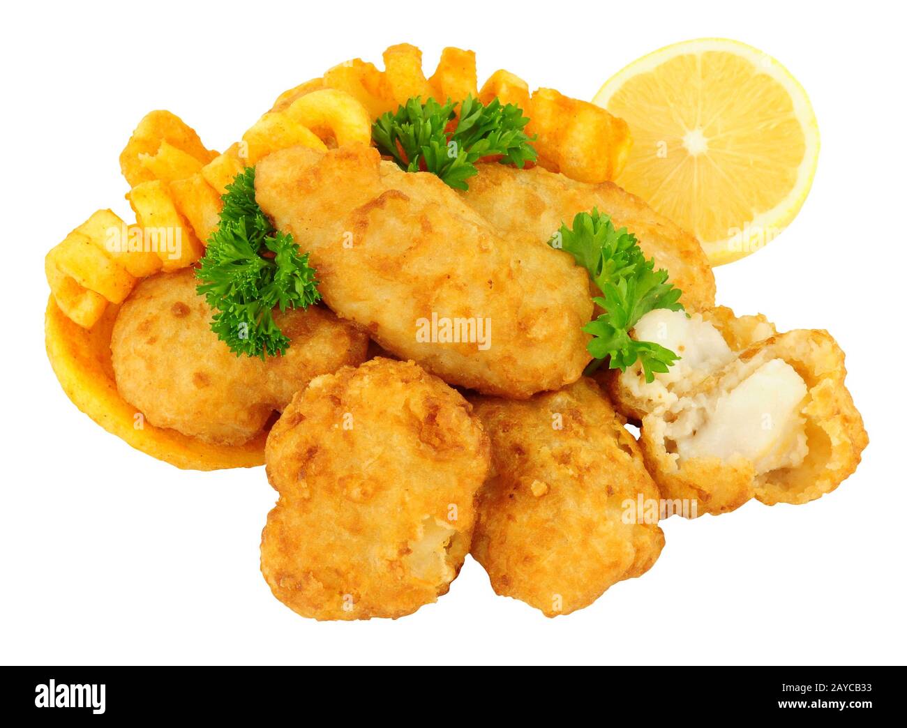 Battered cod fish nugget bites with curly fries isolated on a