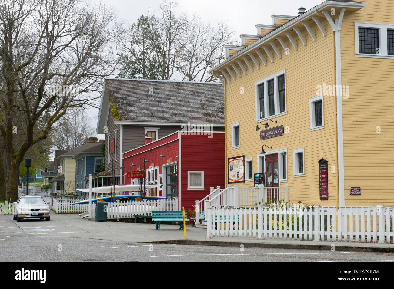 View of the historic theatre and post office in Port Gamble, a National Historic Landmark, in Kitsap County, Washington State, USA. Stock Photo