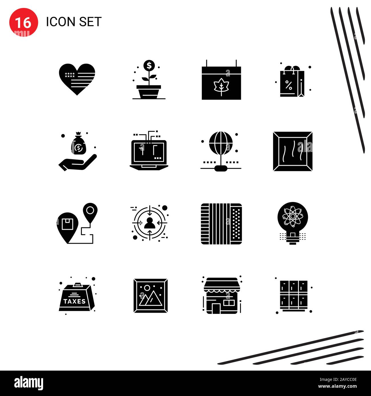 Collection of 16 Vector Icons in solid style. Pixle Perfect Glyph
