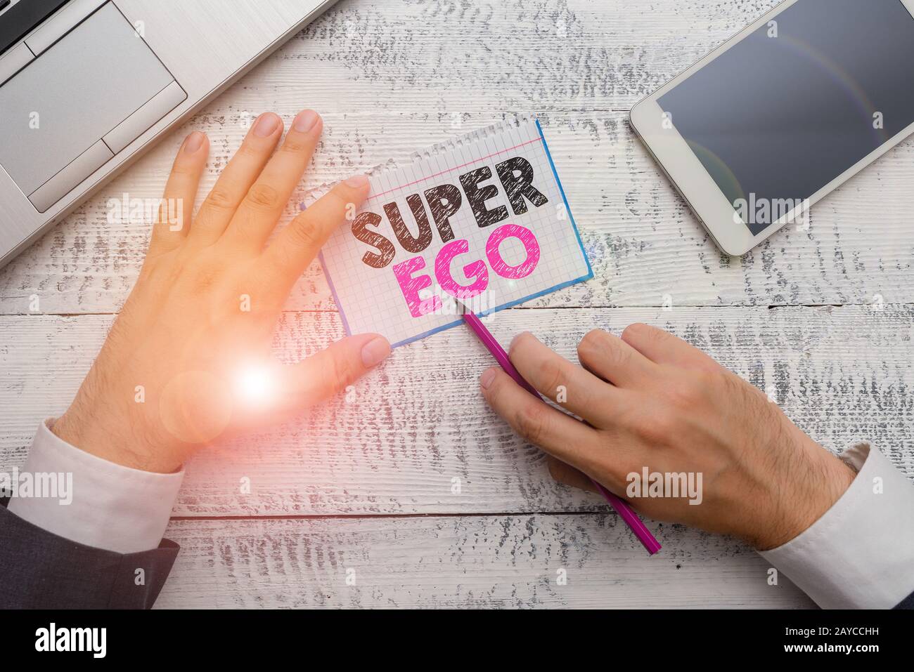 Writing note showing Super Ego. Business photo showcasing The I or self of any demonstrating that is empowering his whole soul. Stock Photo