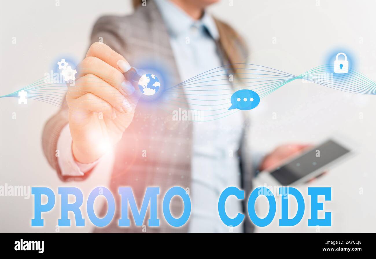 Writing note showing Promo Code. Business photo showcasing digital numbers that give you good discount on certain product Female Stock Photo