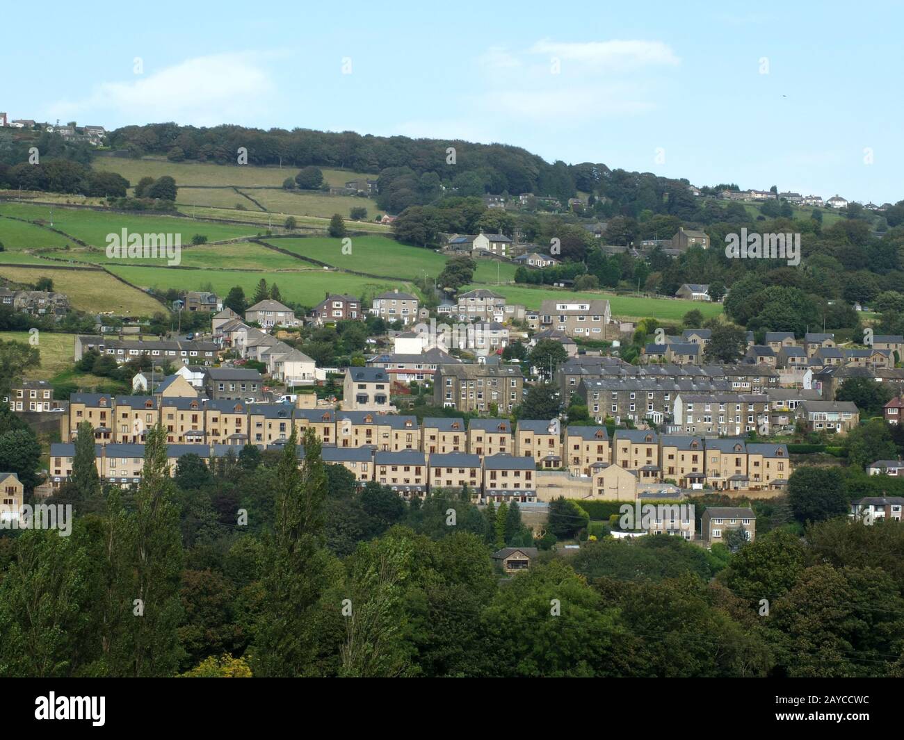 row of modern houses build on a hillside surrounded by older buildings