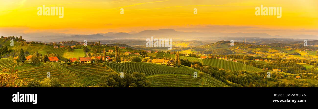 Landscape panorama of vineyard on an Austrian countryside with Graz in ...