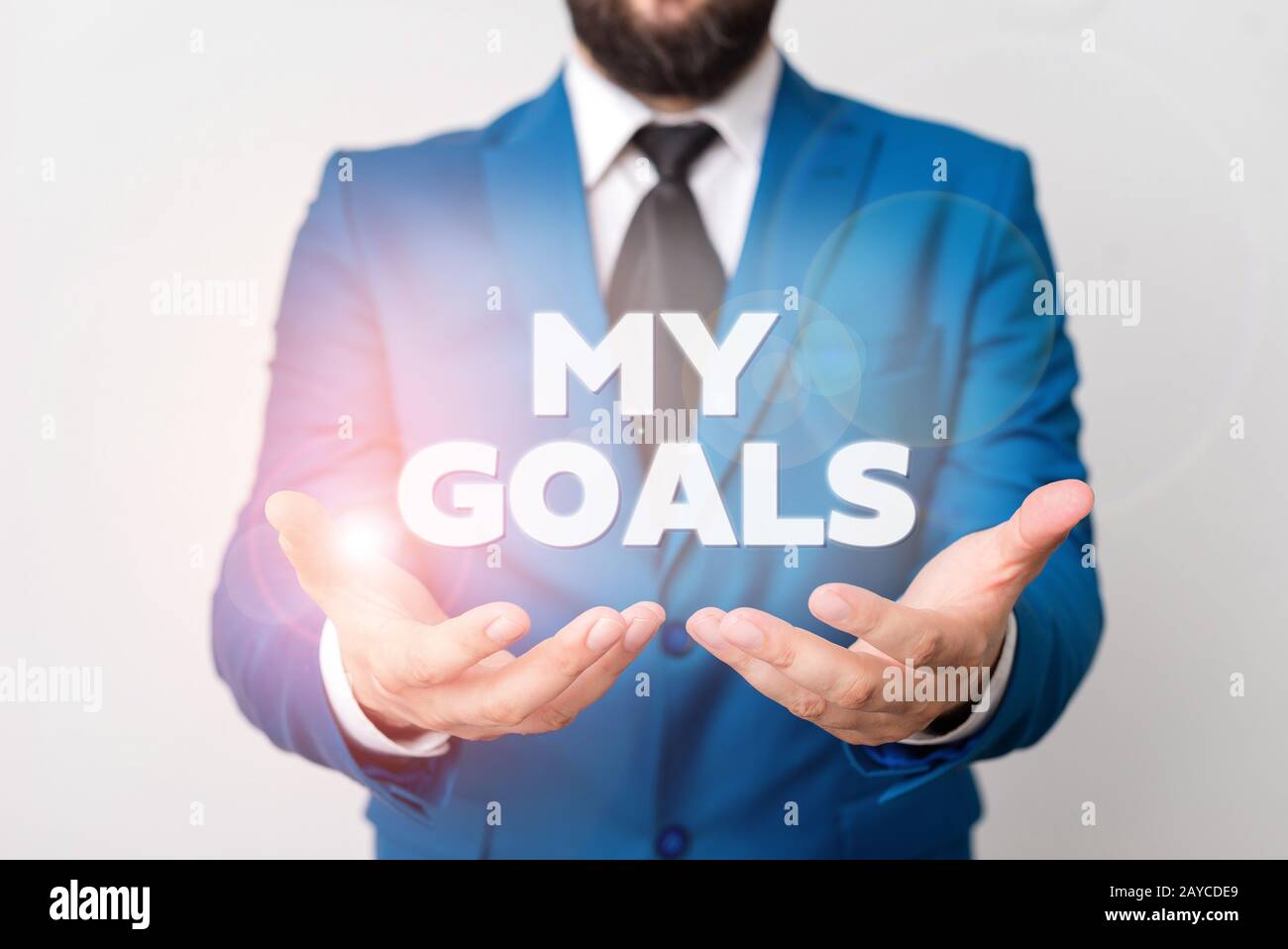 Text sign showing My Goals. Conceptual photo Future or desired result that a demonstrating commits to achieve Man with opened ha Stock Photo