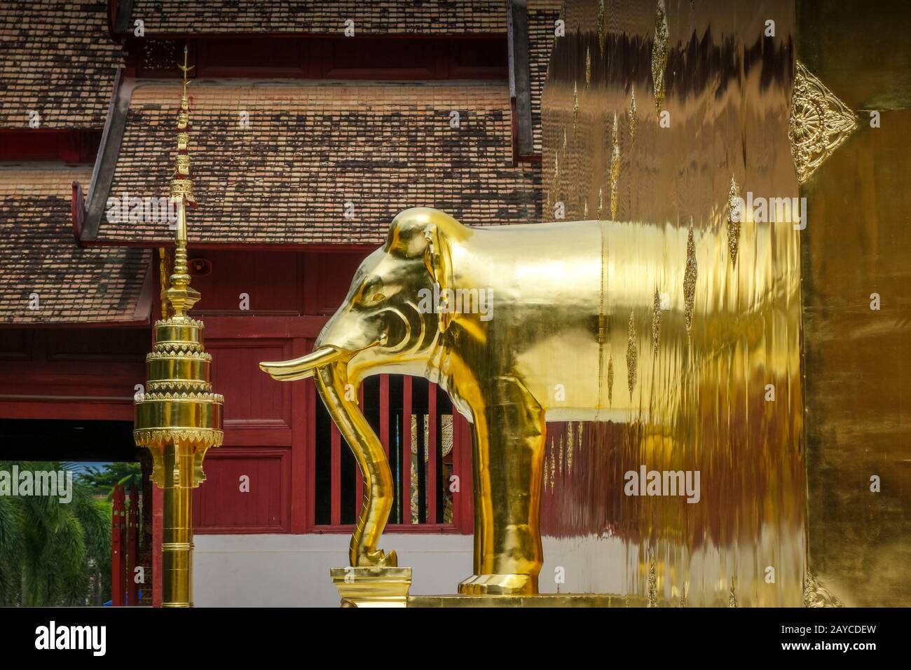 Gold elephant statue, Wat Phra Singh temple, Chiang Mai, Thailand Stock