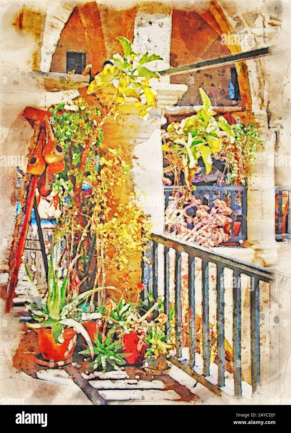 watercolor painting of arches and balconies in the Buyuk Han in nicosia a historic caravansarai buil Stock Photo