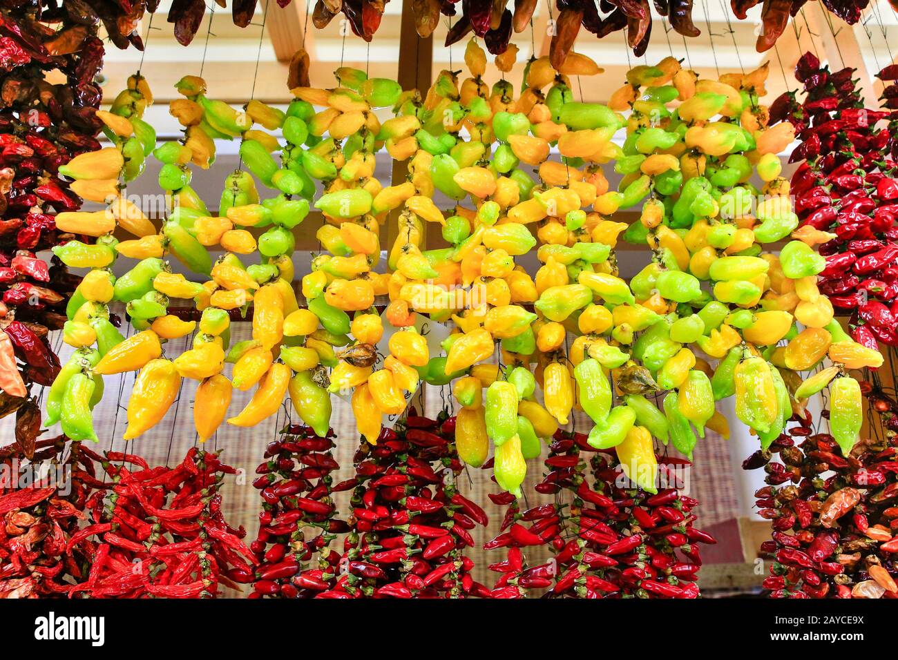 Many yellow and red peppers hanging on market Stock Photo - Alamy