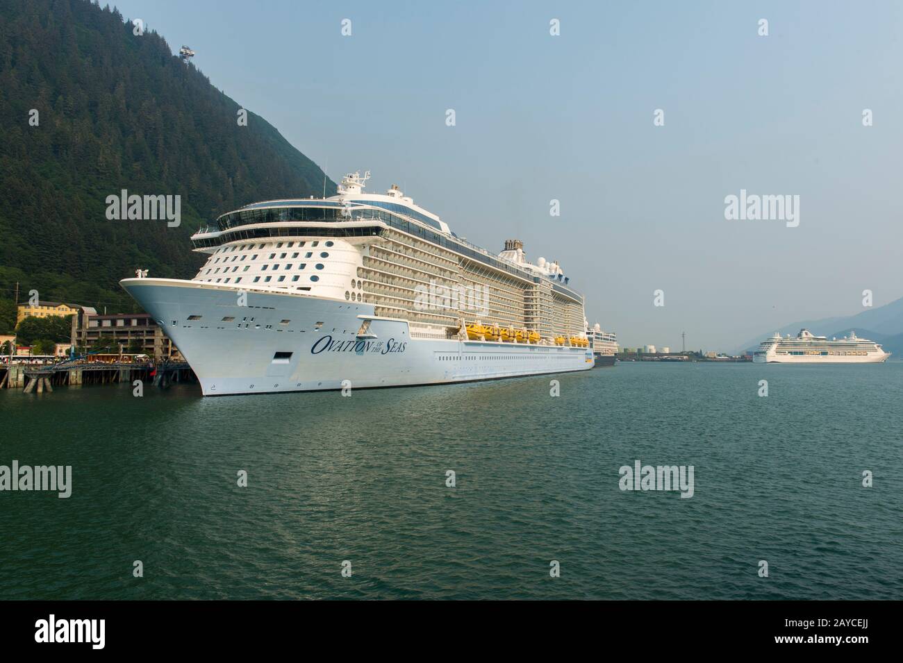 The Ovation of the Seas is a Quantum-class cruise ship owned by Royal Caribbean International, here docked in Juneau, Southeast Alaska, USA. Stock Photo