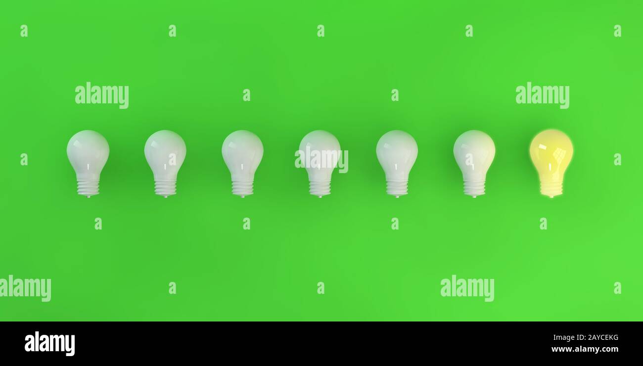 Row of Light Bulbs with One Lit Up Stock Photo - Alamy