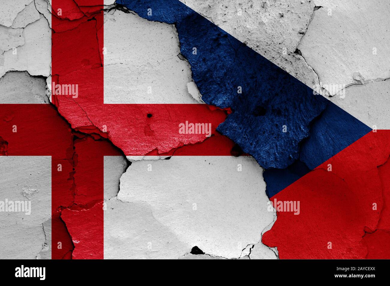 flags of England and Czechia painted on cracked wall Stock Photo