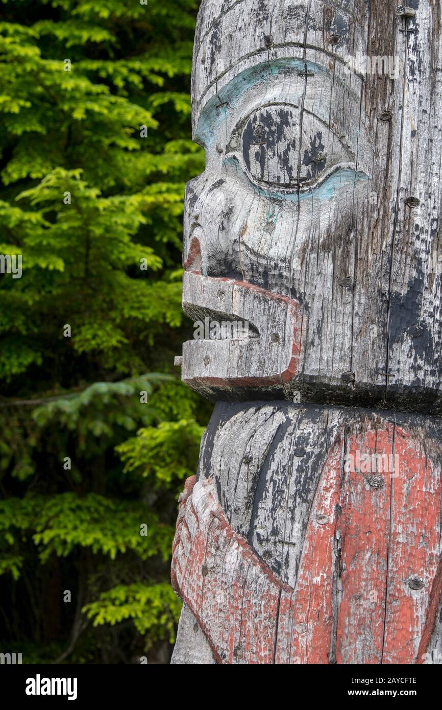 Detail of a totem pole in the village of Kake, a Tlingit village
