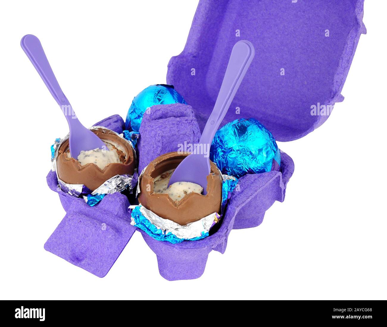 Carton of cream filled chocolate eggs isolated on a white background Stock Photo