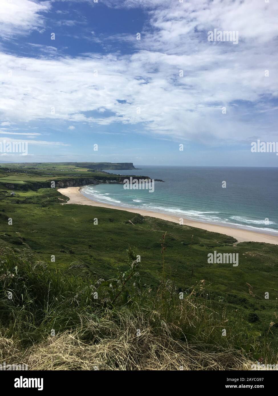Photos of a beach in Ballycastle, Northern Ireland taken from a viewing point on the cliff side Stock Photo