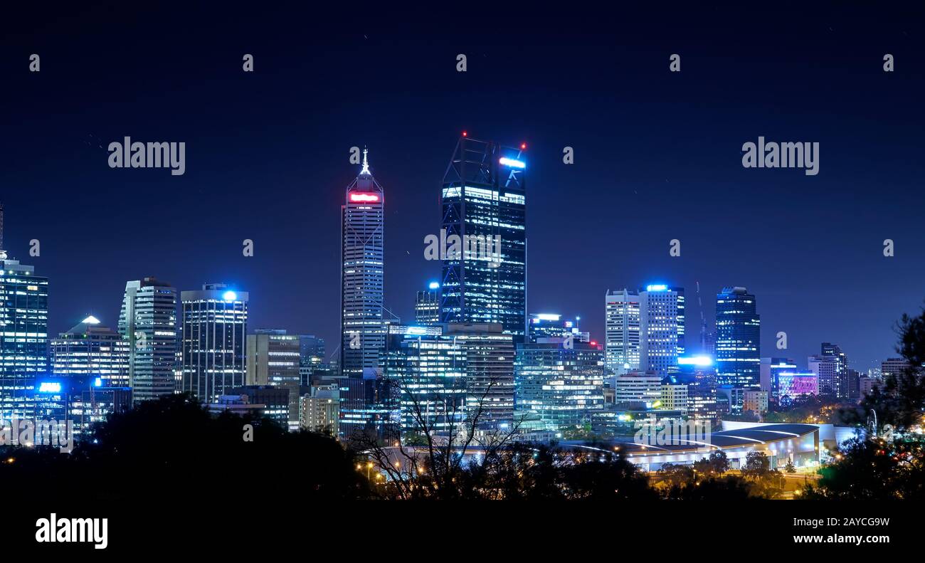 Skyline of Perth from Kings Park with a view of John Oldany Park at night. Stock Photo