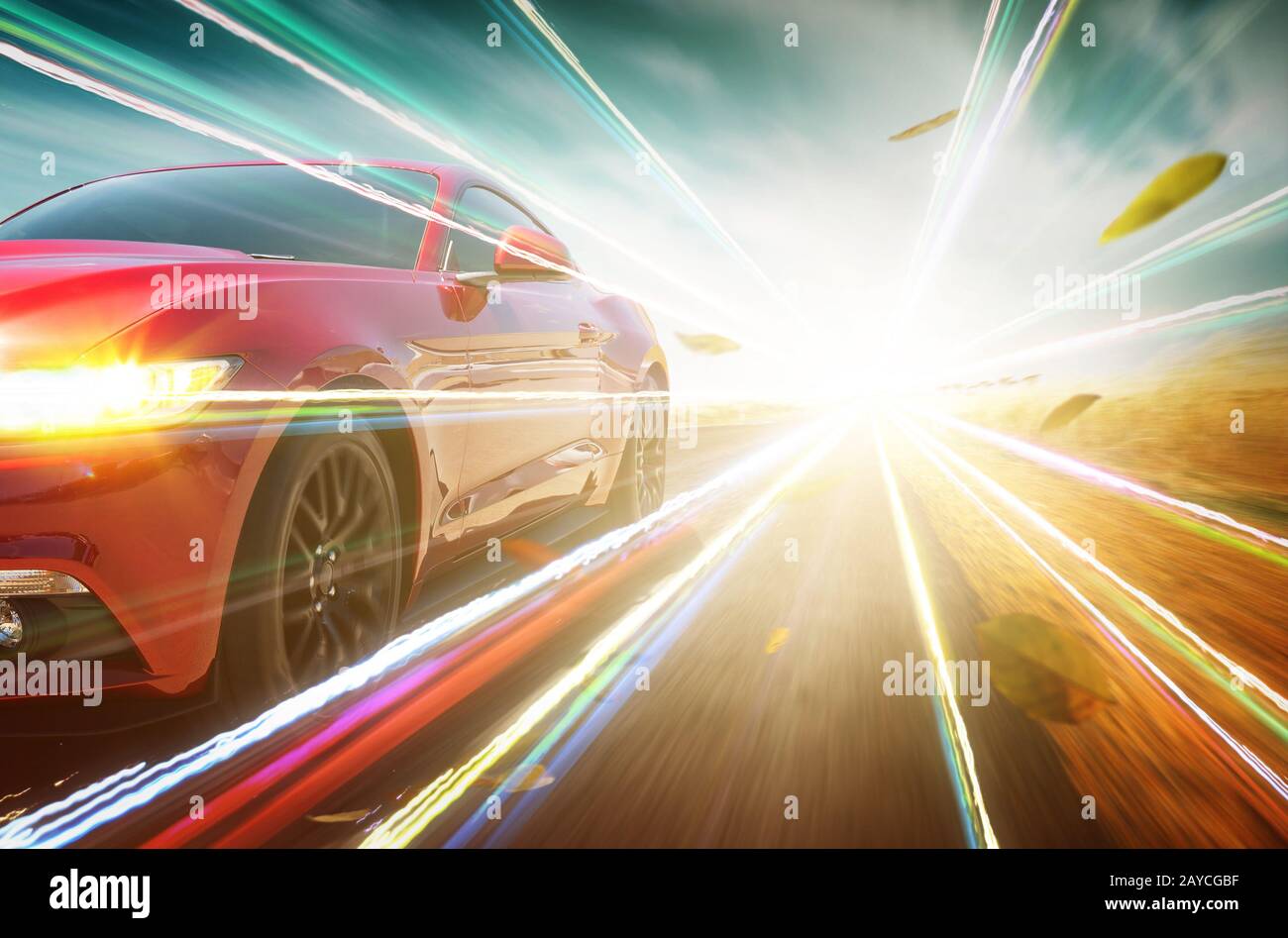 Red race car with light effect. Stock Photo