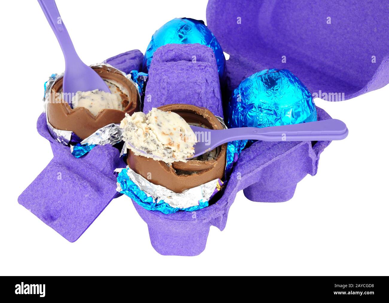 Carton of cream filled chocolate eggs isolated on a white background Stock Photo