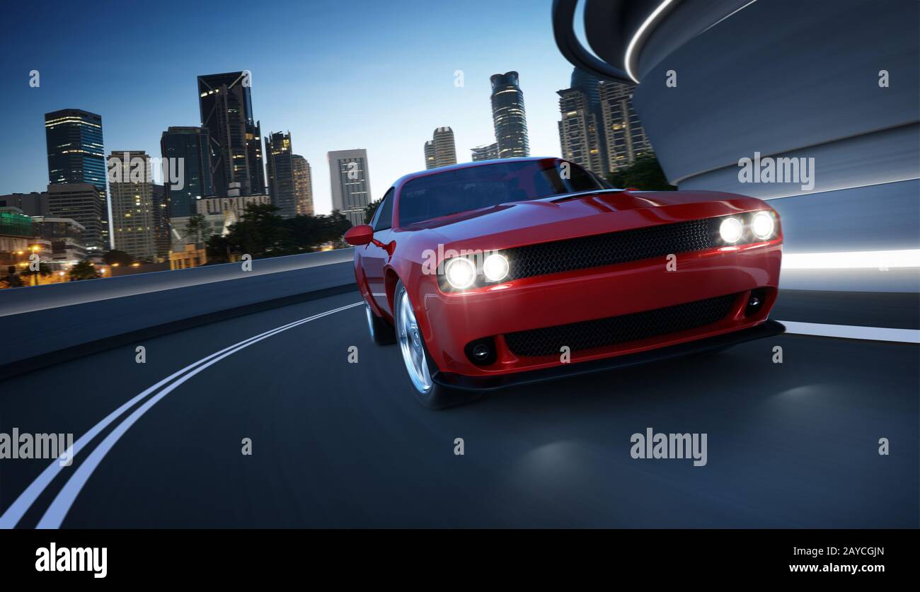 Front angle view of a generic red brandless American muscle car in a city street road  with motion blur . Transportation concept Stock Photo