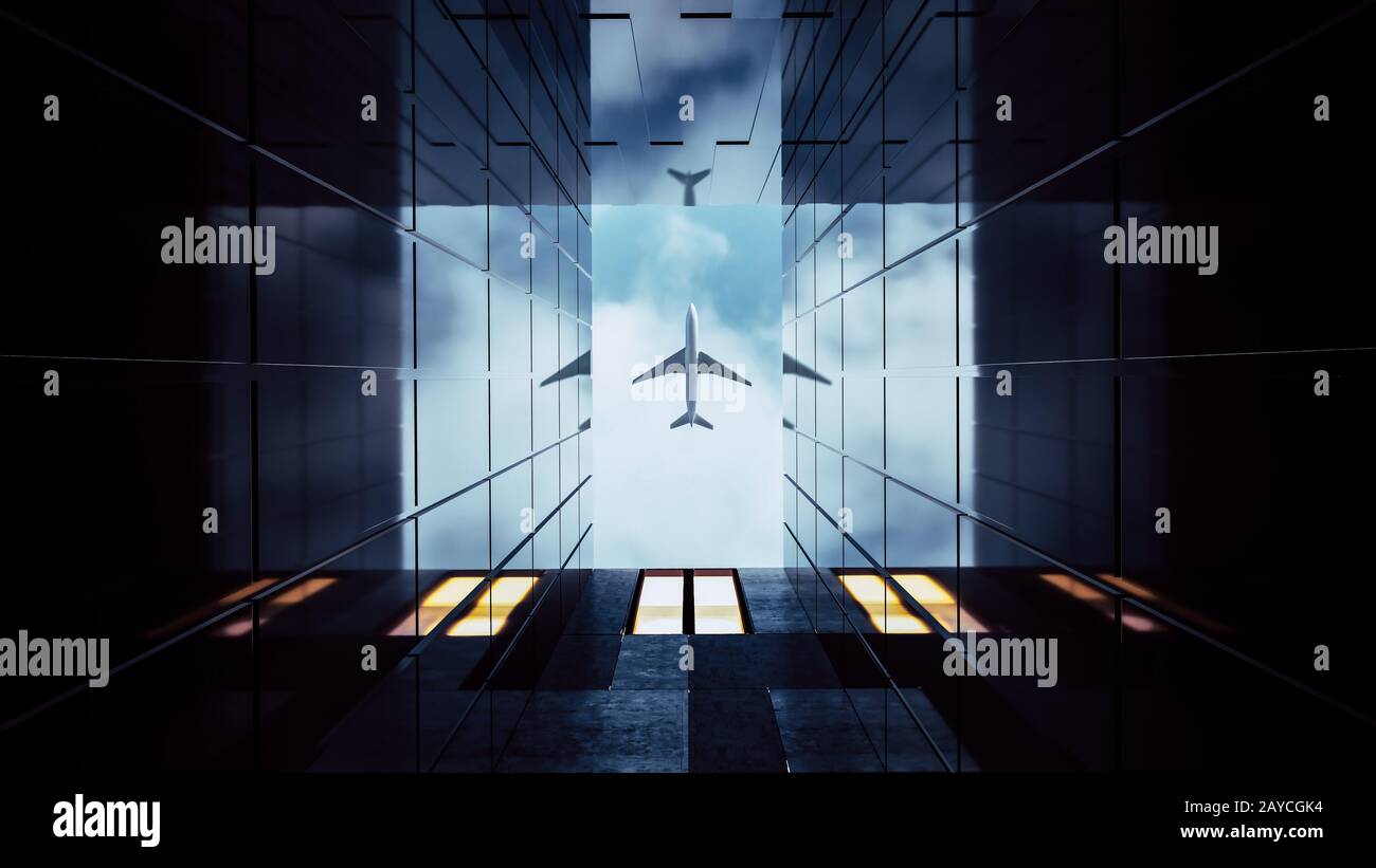 Plane flying over generic modern glass and concrete office buildings ...