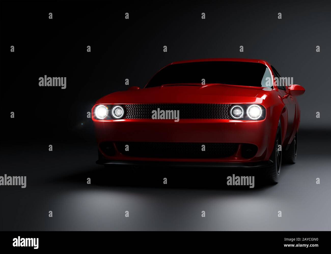 Front angle view of a generic red brandless American muscle car on a black background . Transportation concept . 3d illustration Stock Photo